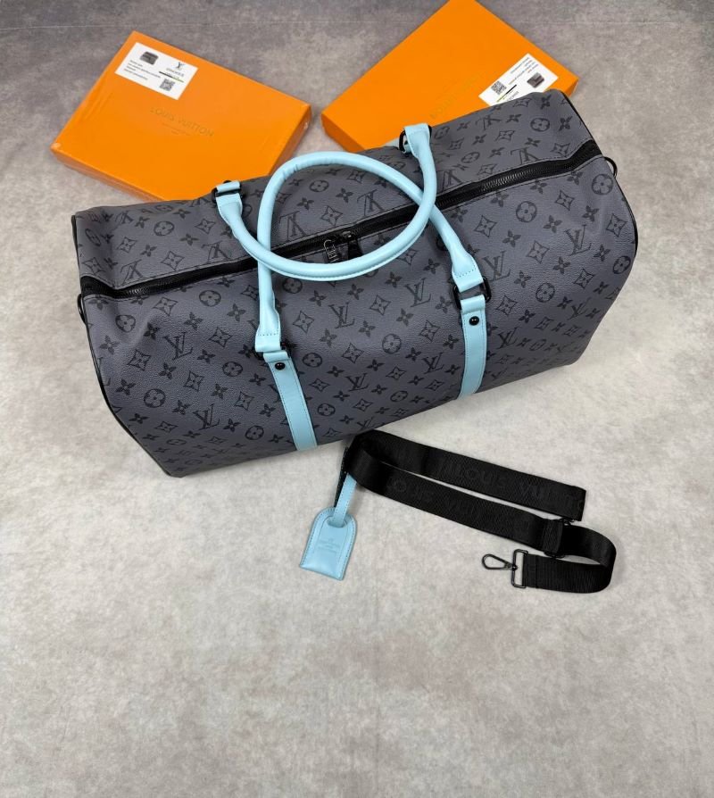 Louis Vuitton Monogram Eclipse Keepall Duffle Bag (Light Blue Accents)