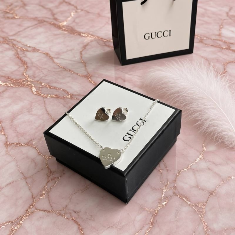 Gucci Inspired Silver Heart Pendant Necklace & Earrings Matching Jewelry Set