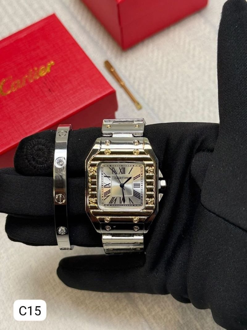 Cartier Santos Diamond-Bezel Watch & Matching Bangle Set - Image 3