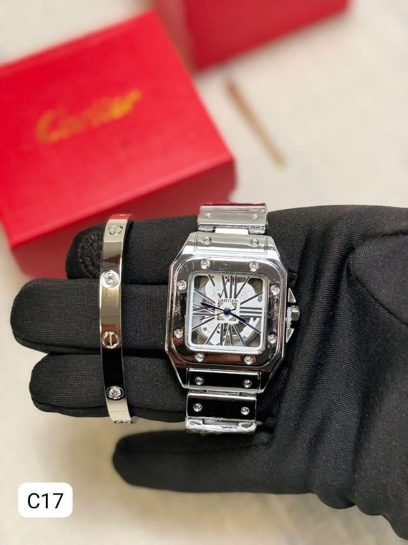 Cartier Santos Diamond-Bezel Watch & Matching Bangle Set - Image 4