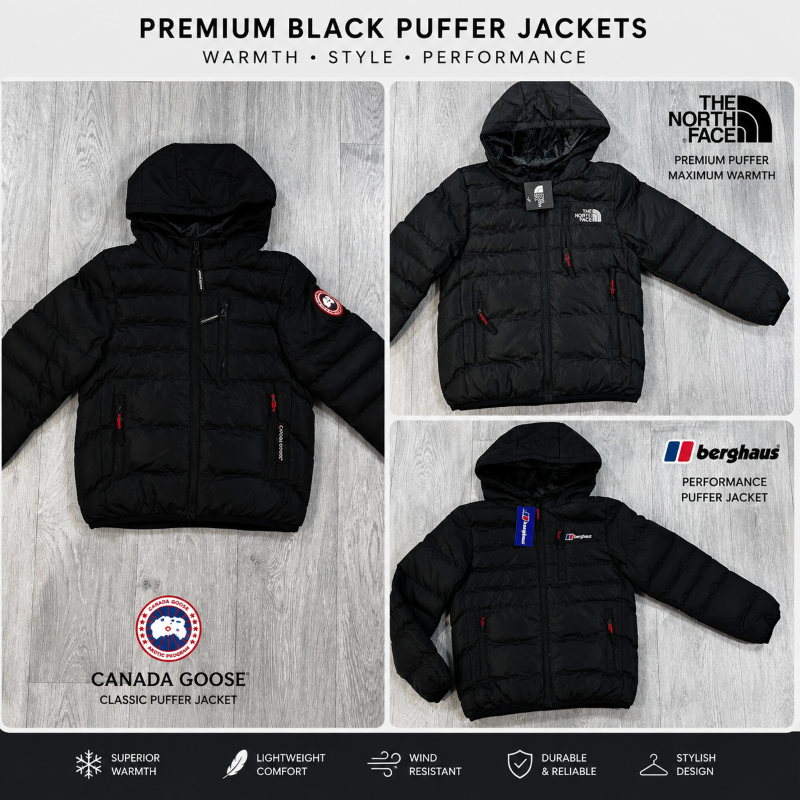 Premium Black Hooded Puffer Jackets Collection – Canada Goose, The North Face & Berghaus
