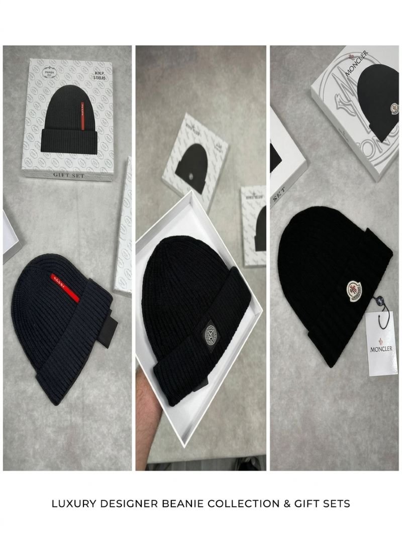 Luxury Designer Prada, Stone Island & Moncler Ribbed Knit Beanie Gift Box Collection