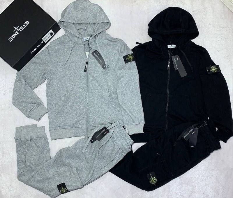 Men's Stone Island Compass Patch Full-Zip Hoodie and Cargo Jogger Tracksuit Set with Box