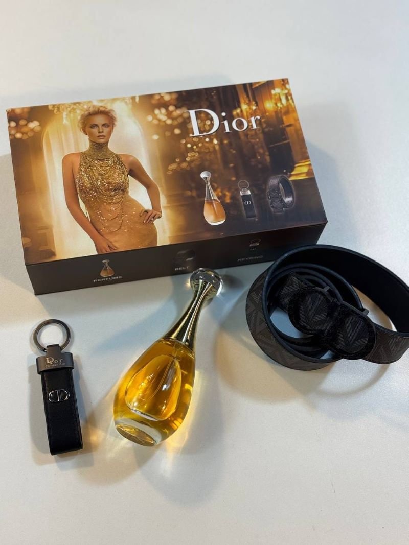 Christian Dior Luxury Gift Set - Perfume, Monogram Belt, and Branded Keyring Combo