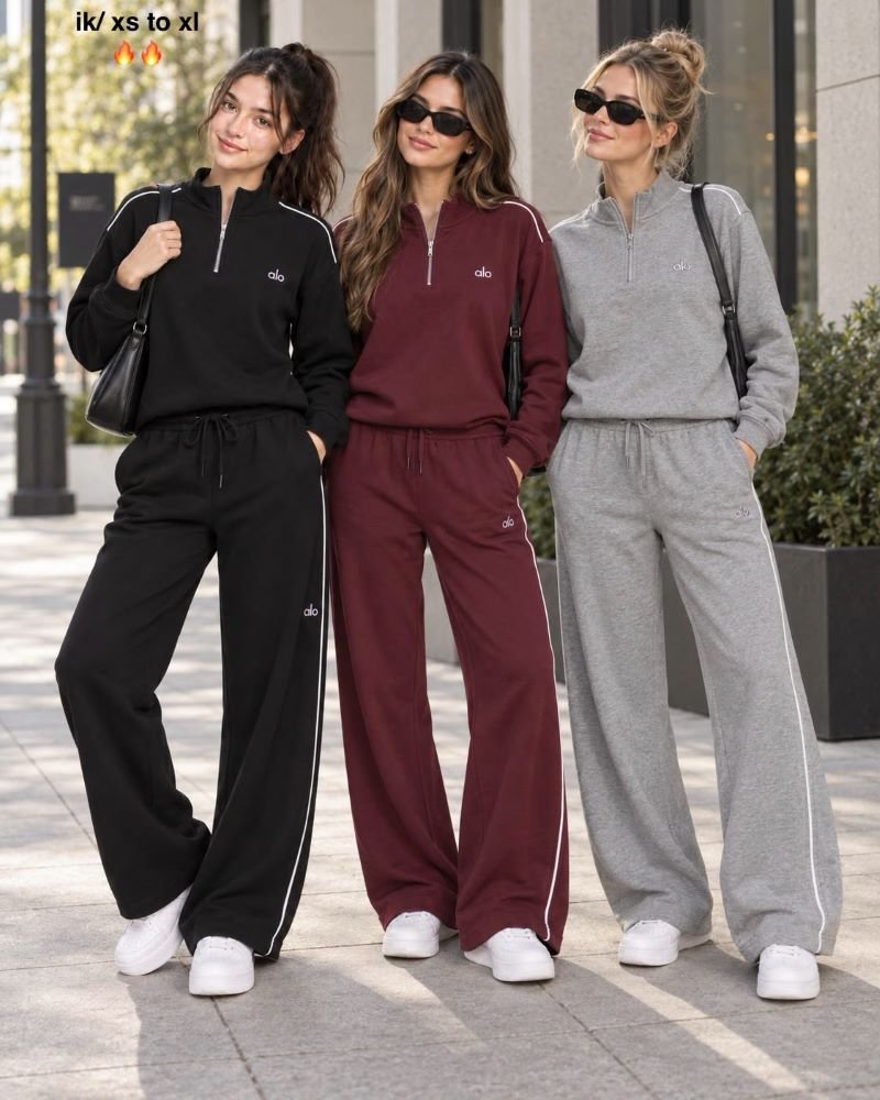 Alo Yoga Piping Half-Zip Pullover and Wide-Leg Sweatpant Set - Women's Athleisure Tracksuit
