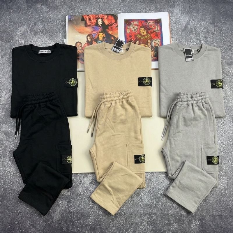 Stone Island Men's Crewneck Cargo Tracksuit Set – Premium Cotton Fleece Sweat Suit