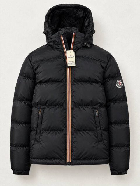 Men's Moncler Black Puffer Jacket – Iconic Striped Zip Hooded Down Coat