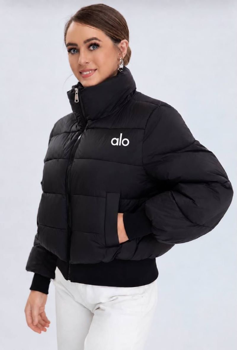 Alo Yoga Cropped Puffer Jacket — Premium Quilted Logo Outerwear in Black, White & Ivory