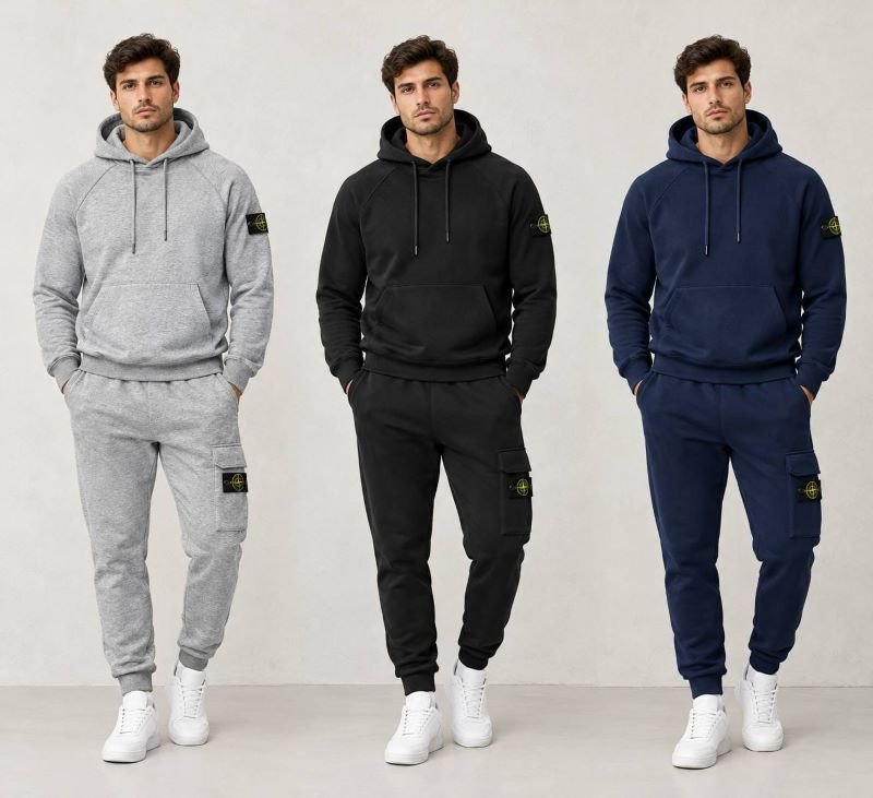Stone Island Hooded Tracksuit Set — Grey, Black & Navy Full Zip Knit Two-Piece