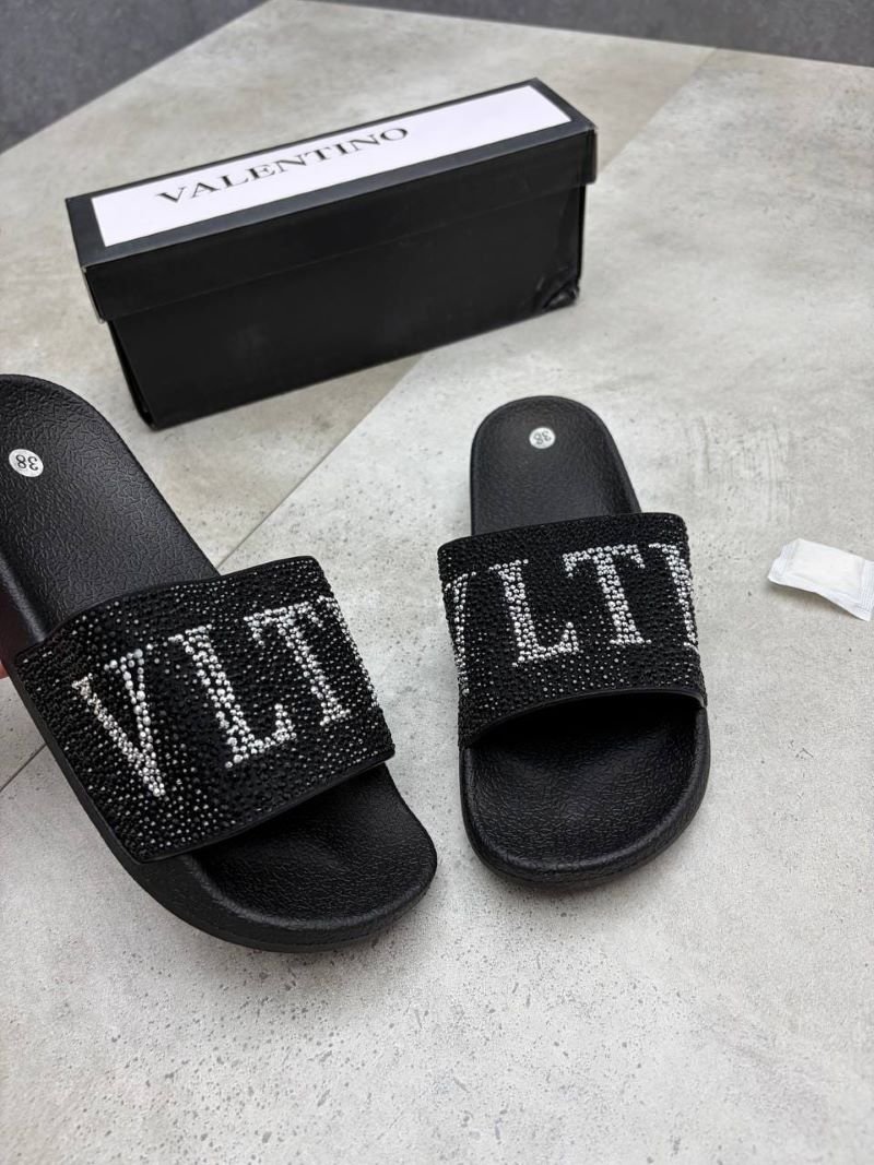 Valentino Embellished Crystal Logo Slide Sandals