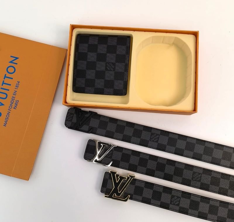 Designer Lv & Gucci Monogram Leather Belt with Matching Wallet Gift Collection