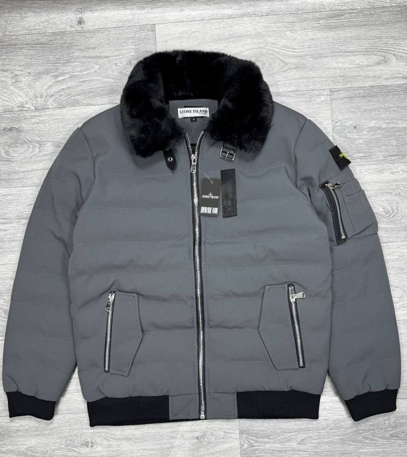 Stone Island Shearling Fur Collar Down Puffer Bomber Jacket Collection - Image 3