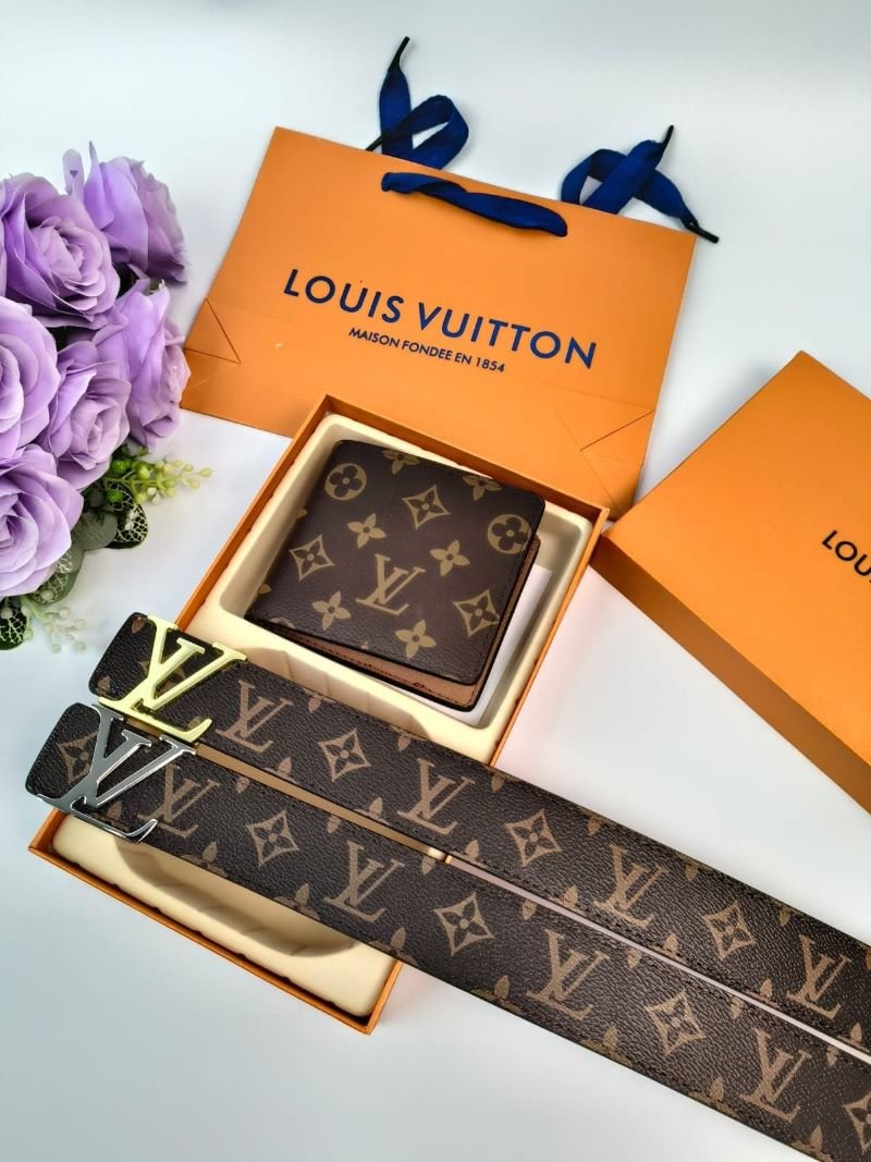 Designer Lv & Gucci Monogram Leather Belt with Matching Wallet Gift Collection - Image 2