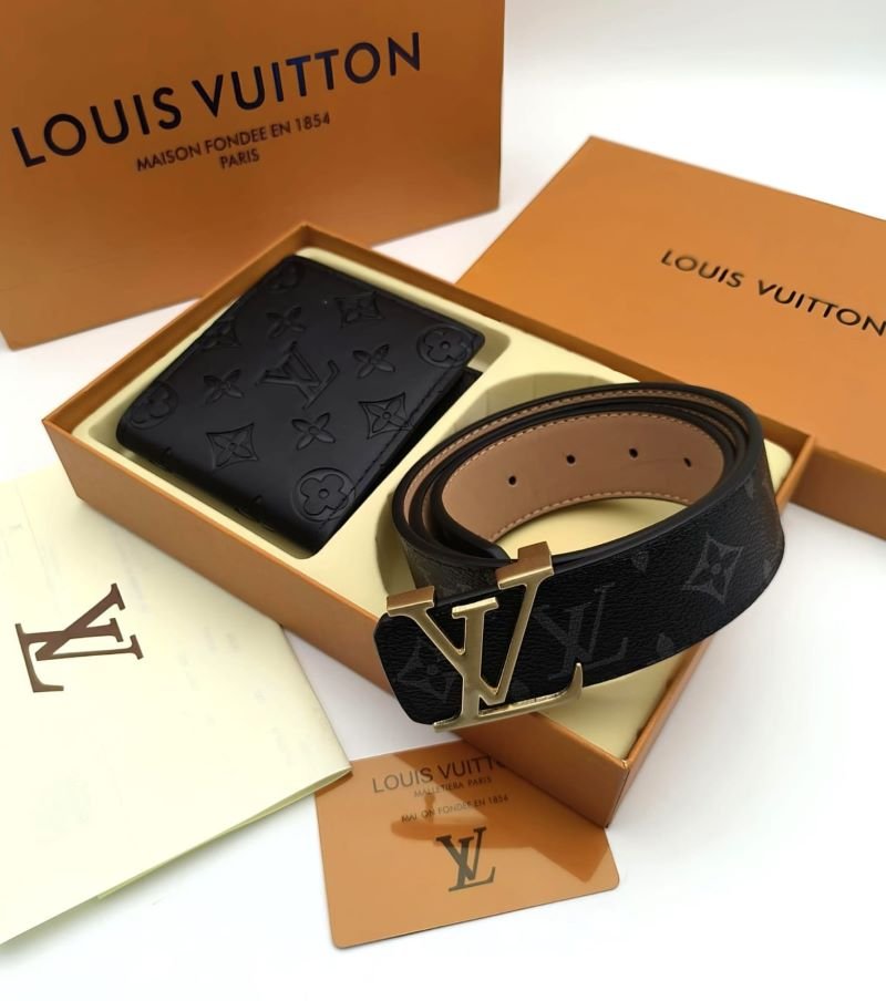 Designer Lv & Gucci Monogram Leather Belt with Matching Wallet Gift Collection - Image 4