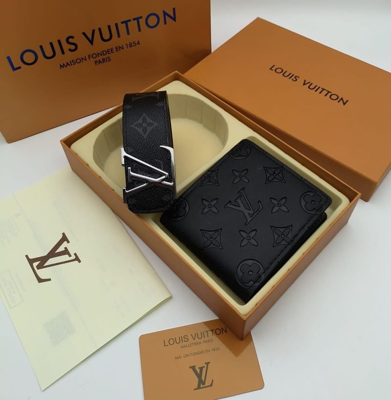 Designer Lv & Gucci Monogram Leather Belt with Matching Wallet Gift Collection - Image 5