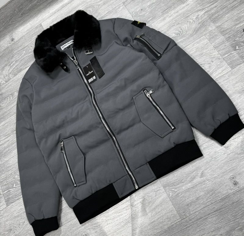 Stone Island Shearling Fur Collar Down Puffer Bomber Jacket Collection - Image 8