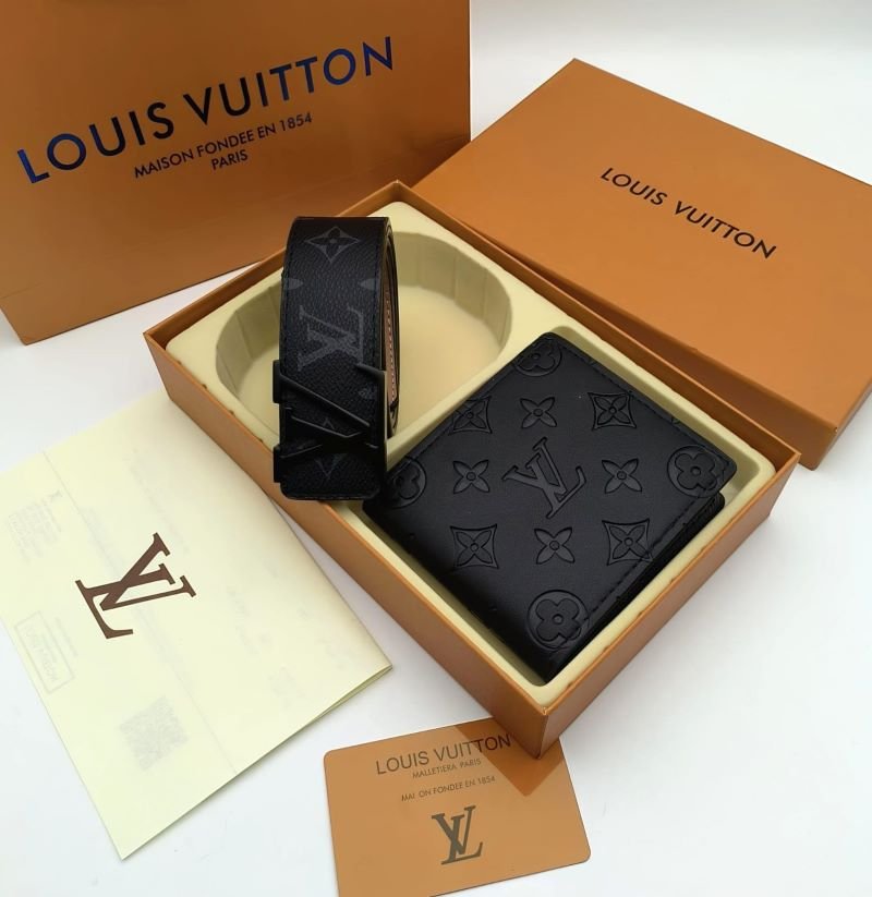 Designer Lv & Gucci Monogram Leather Belt with Matching Wallet Gift Collection - Image 7