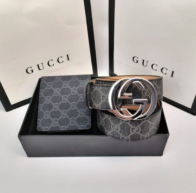 Designer Lv & Gucci Monogram Leather Belt with Matching Wallet Gift Collection - Image 9